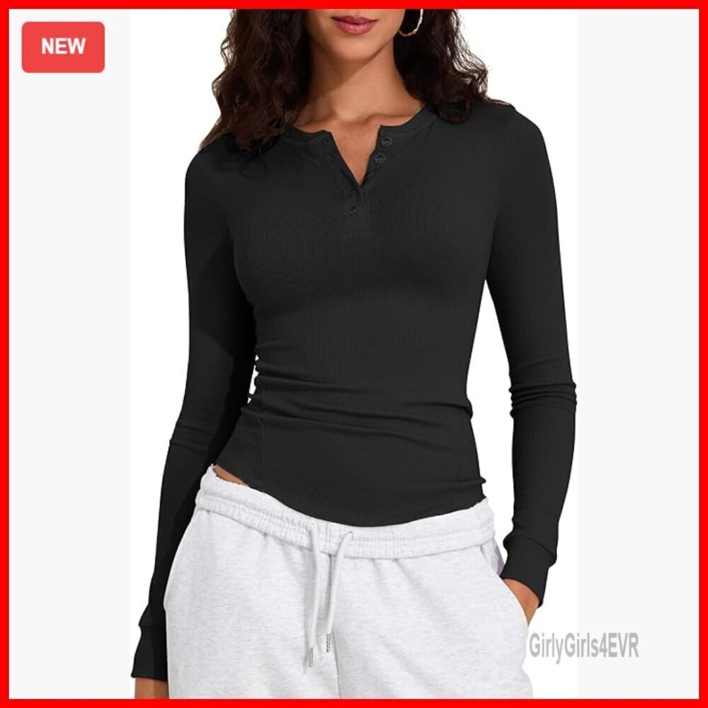 Long Sleeve Henley Shirt Ribbed Knit Stretchy Fitted Layering Basic Top